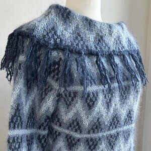 Vintage Deane & White Blue Ombré Chevron Mohair-Blend Sweater w/ Fringe – US M